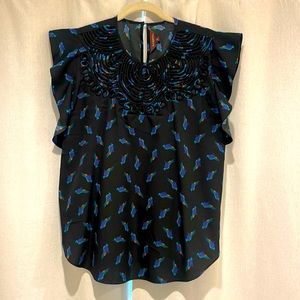 RANNA GILL Anthropologie black blouse with birds size small